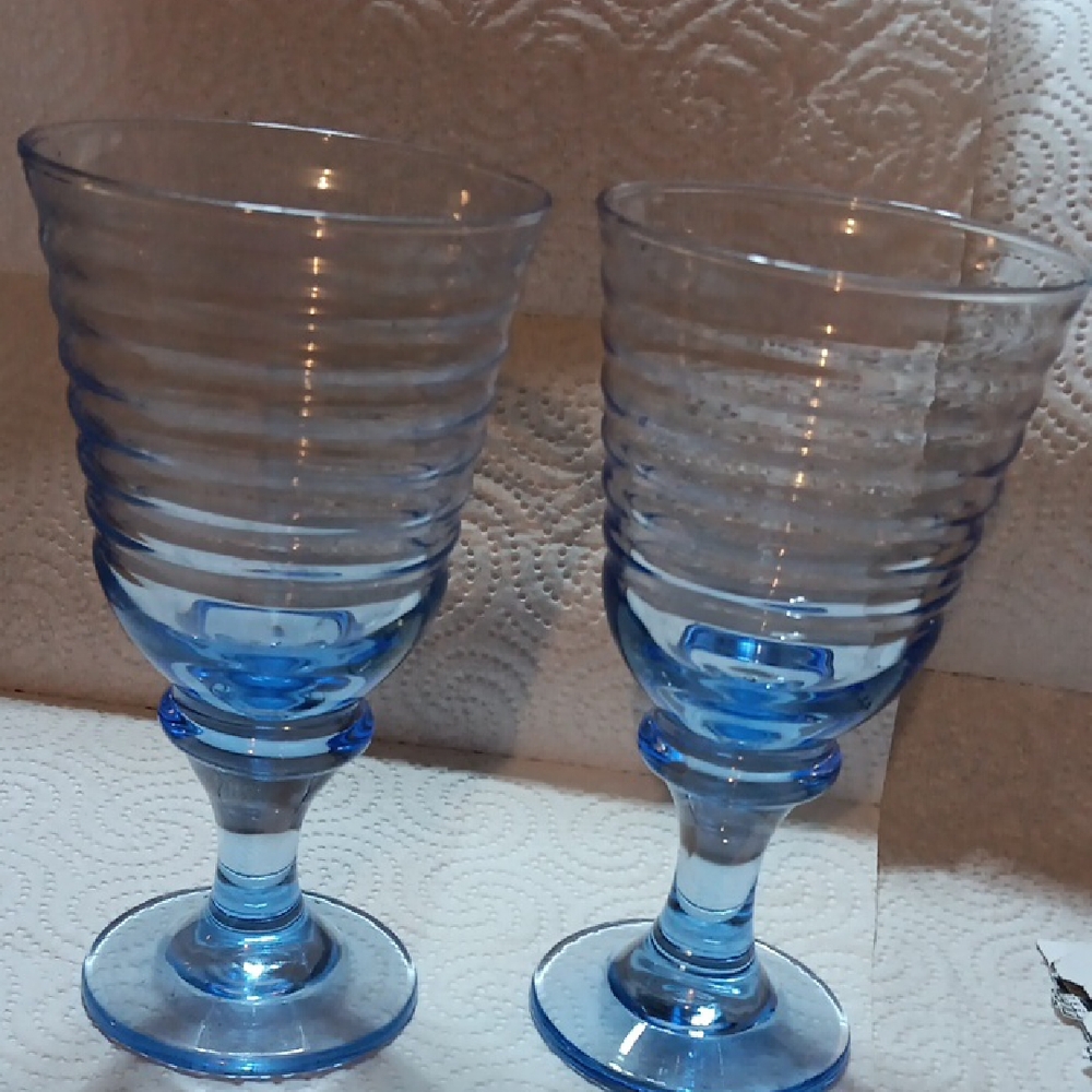 Elegant Blue Ribbed Glass Goblet Pair